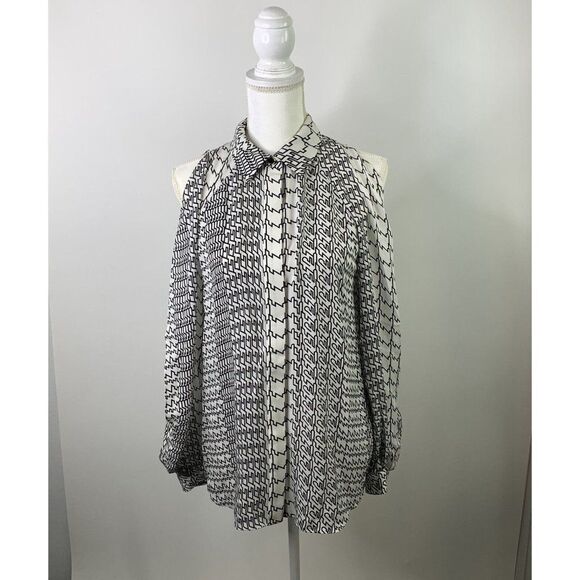 Kenzo Paris Silk Shirt Sz 36 XS Black White Geometric Print Open Long Sleeve - Picture 3 of 11